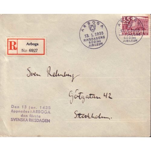 Sverige / Sweden - Envelope 35 öre Riksdagen, special cancellation 13.1.35