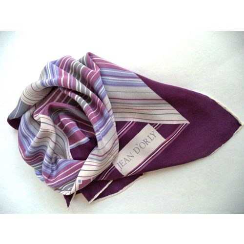 Jean D'Orly 70s Silk Scarf Purple Silver Ivory Chevron Geometric Rolled Mod