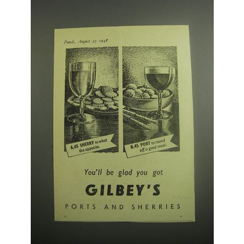 1948 Gilbey's Ports and Sherries Ad - You'll be glad you got