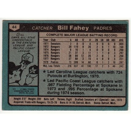 1980 Topps baseball card 44 Bill Fahey - Padres