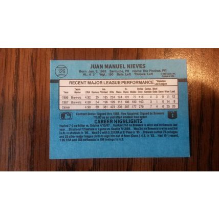 1988 Donruss Card # 126 Juan Nieves Very Good-Excellent (4) Milwaukee Brewers