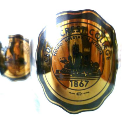 SET OF 2 CEDAR CREST COLLEGE PENNSYLVANIA GLASS WHISKEY TUMBLERS w OLD GOLD SEAL