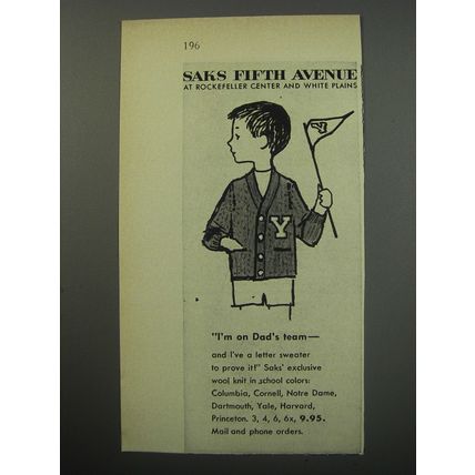 1955 Saks Fifth Avenue Letter Sweater Ad - I'm on Dad's team
