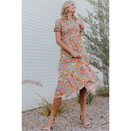 Sky Blue Floral Bubble Sleeve Smocked Flowy Ruffle Dress