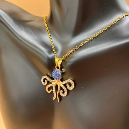 Necklace Blue Rhinestone Octopus Pendant Gold Tone #656
