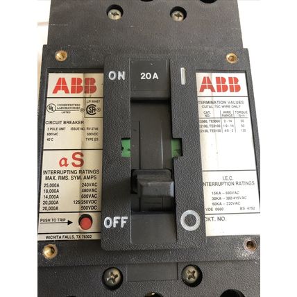 ABB ES,20A,ABB MF726789,3P,AS LR90467 CU7AL,UXAB 727131 R 103 CIRCUIT BREAKER,EB