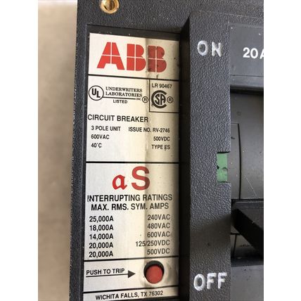 ABB ES,20A,ABB MF726789,3P,AS LR90467 CU7AL,UXAB 727131 R 103 CIRCUIT BREAKER,EB