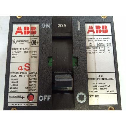 ABB ES,20A,ABB MF726789,3P,AS LR90467 CU7AL,UXAB 727131 R 103 CIRCUIT BREAKER,EB