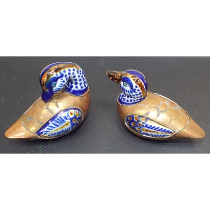Vintage Brass and Ceramic Duck Figure Hand Painted Mexican Art Blue White Gold