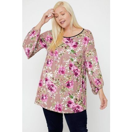 Women's Pink Plus Size Floral Bubble Sleeve Tunic