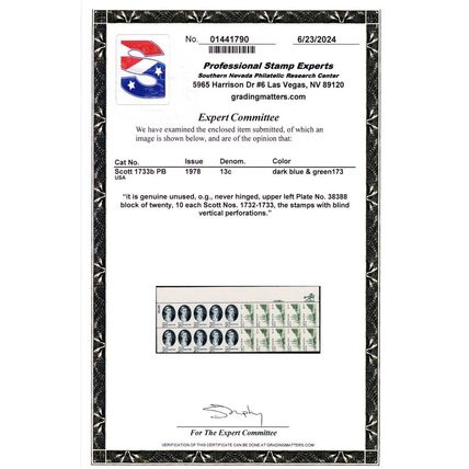 1733b, MNH 13¢ Appears as Imperforate Errors - PSE Certificate - Stuart Katz