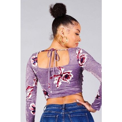 Women's Ruched Velvet Floral Back Tie Crop Top