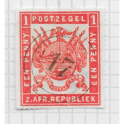 TRANSVAAL ZAR 1876 ARMS 1d RED ROULETTE PMK TARGET 17 EERSTELING SPIRO FORGED ?