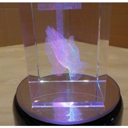 3D Laser Engraved Colour Changing Praying Hands & Cross on a LED Stand