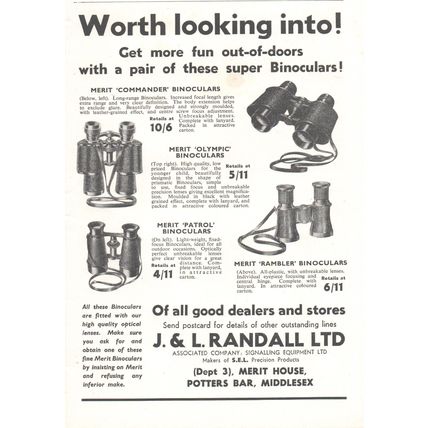 J & L RANDALL LTD of MUDDLESEX Binoculars :- Original Vintage 1954 Advert