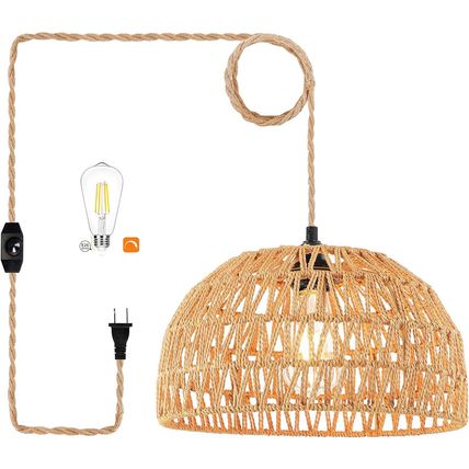 Plug in Pendant Light Rattan Hanging Lights with Plug in Cord Wicker Hanging Lam