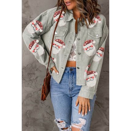Sky Blue Sequined Santa Claus Flap Pocket Corduroy Jacket