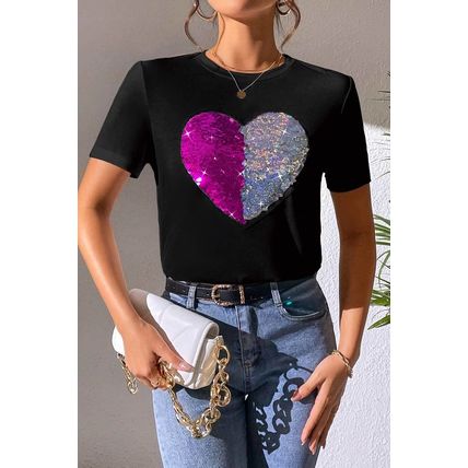 Black Valentine Two Tone Sequined Heart Shaped Graphic T Shirt