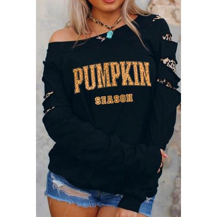 Black Leopard PUMPKIN SEASON Graphic Ripped Sleeve Sweatshirt