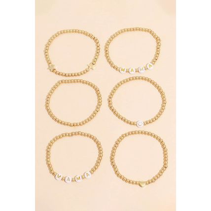 Gold 6Pcs MAMA Heart Star Shape Beaded Bracelet Set