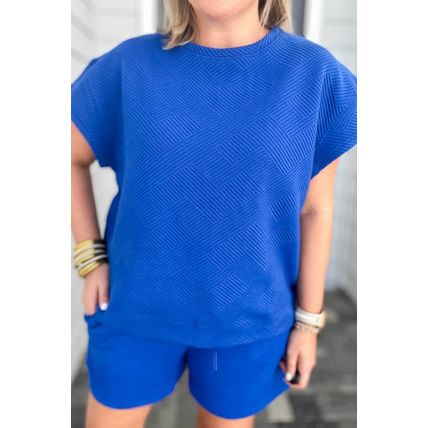 Dark Blue Plus Size Fashion Textured Short 2pcs Outfit