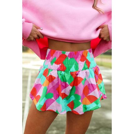 Green Abstract Print Smock Waist Casual Shorts