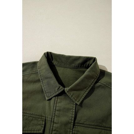 Moss Green Snap Button Zipper Tight Waist Collared Jacket