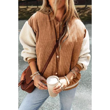 Buckskin Corduroy Fleece Patchwork Buttoned Bomber Jacket