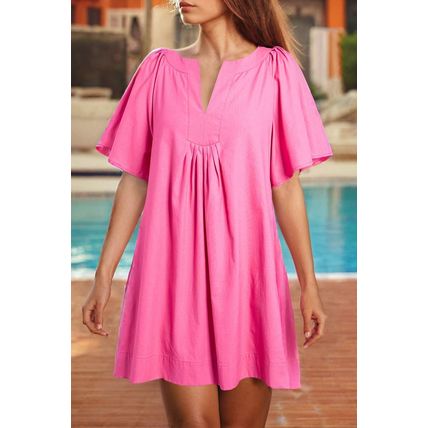 Bonbon Split V Neck Short Flutter Sleeve Pleated Shift Dress