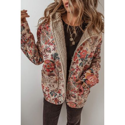 Beige Vintage Paisley Floral Printed Sherpa Lined Hooded Jacket