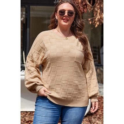 Light French Beige Solid Checkered Textured Knit Plus Size Sweater