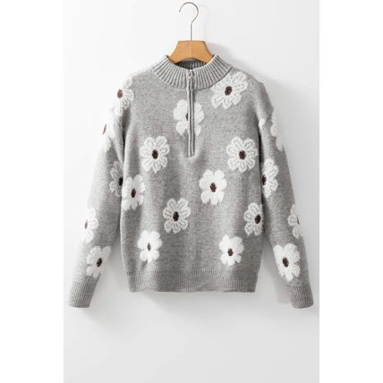 Gray Floral Pattern Half Zip Drop Shoulder Sweater