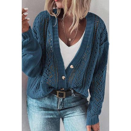 Real Teal Open Knit V Neck Button Front Drop Shoulder Plus Size Cardigan