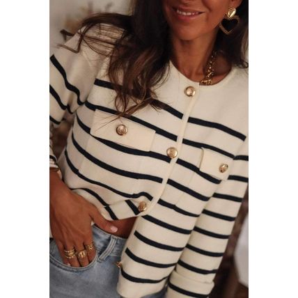 Black Stripe Flap Pocket Buttoned Cardigan Sweater