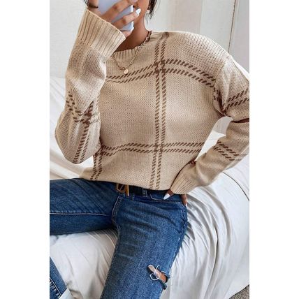 Khaki Plaid Pattern Knitted Drop Shoulder Sweater