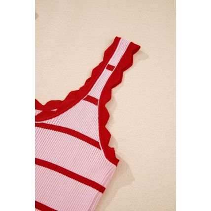 Rose Stripe Striped Scalloped Edge U Neck Sleeveless Sweater Vest