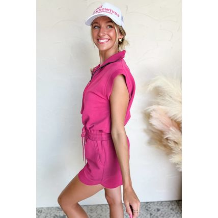Rose Red Textured Short Sleeve Half Zip Drawstring Waist Romper