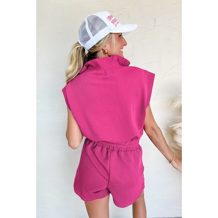 Rose Red Textured Short Sleeve Half Zip Drawstring Waist Romper
