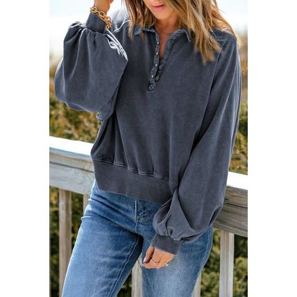 Blue Washed Snap Buttons Lantern Sleeve Pullover Sweatshirt