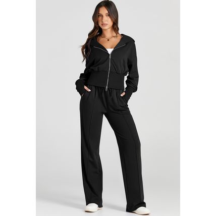 Black Double Zipper Hooded Jacket and Sweatpants Active Set