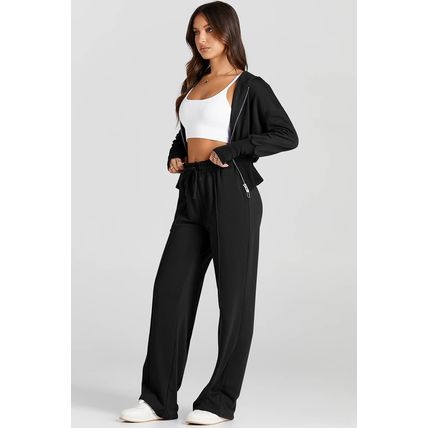 Black Double Zipper Hooded Jacket and Sweatpants Active Set