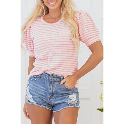 Pink Stripe Textured Puff Sleeve Crewneck Top