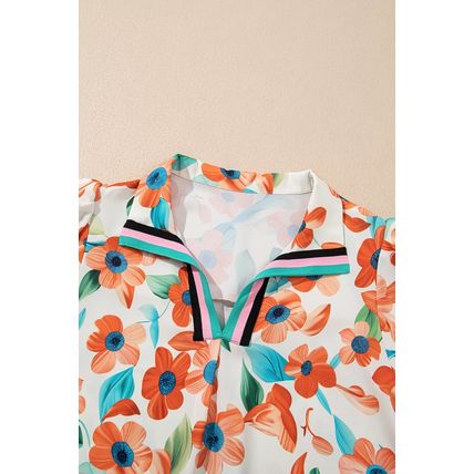 Orange Contrast Trim Floral Split Neck Puff Short Sleeve Tiered Mini Dress