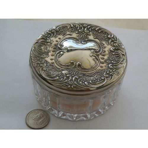 VANITY POWDER JAR SILVER PLATED LID WITH INTERIOR MIRROR