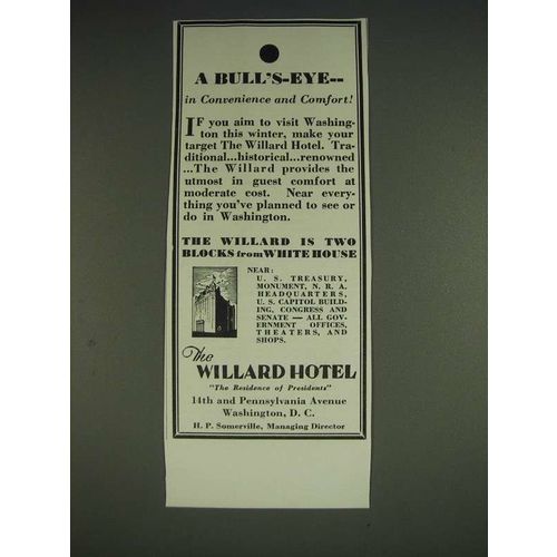 1933 The Willard Hotel Ad - A Bull's-Eye in convenience and comfort