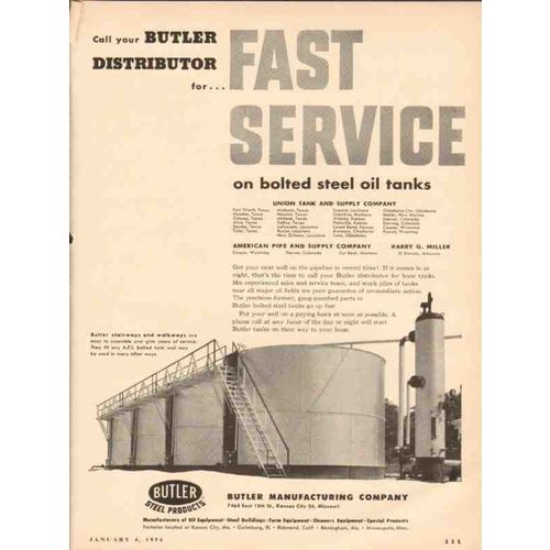 BUTLER MFG COMPANY 1954 Fast service steel tanks vintage ad