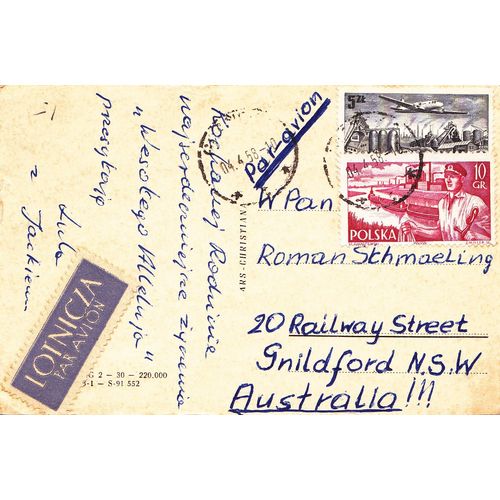 POLAND ALLELUJA Post Card dated 4-April-1958 to Australia