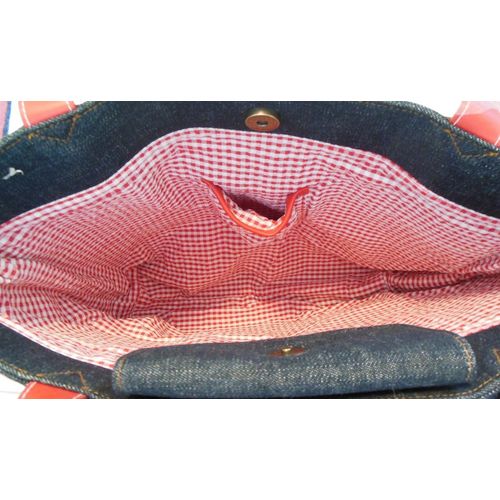 Denim Dark Blue and Red Gingham Style Tote Shoulder Bag T2