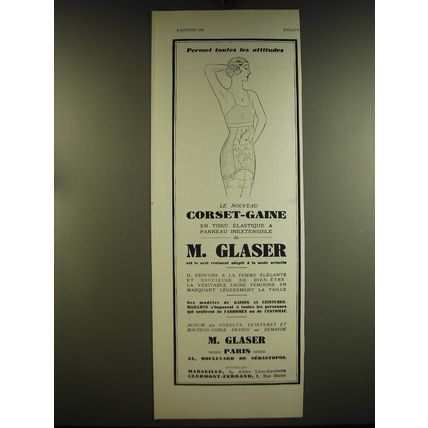 1932 M. Glaser corsets Ad - in French - Permet toutes les attitudes