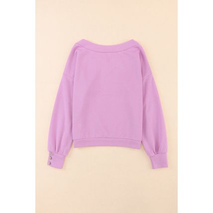 Purple Knitted V Neck Buttoned Cuffs Sweater